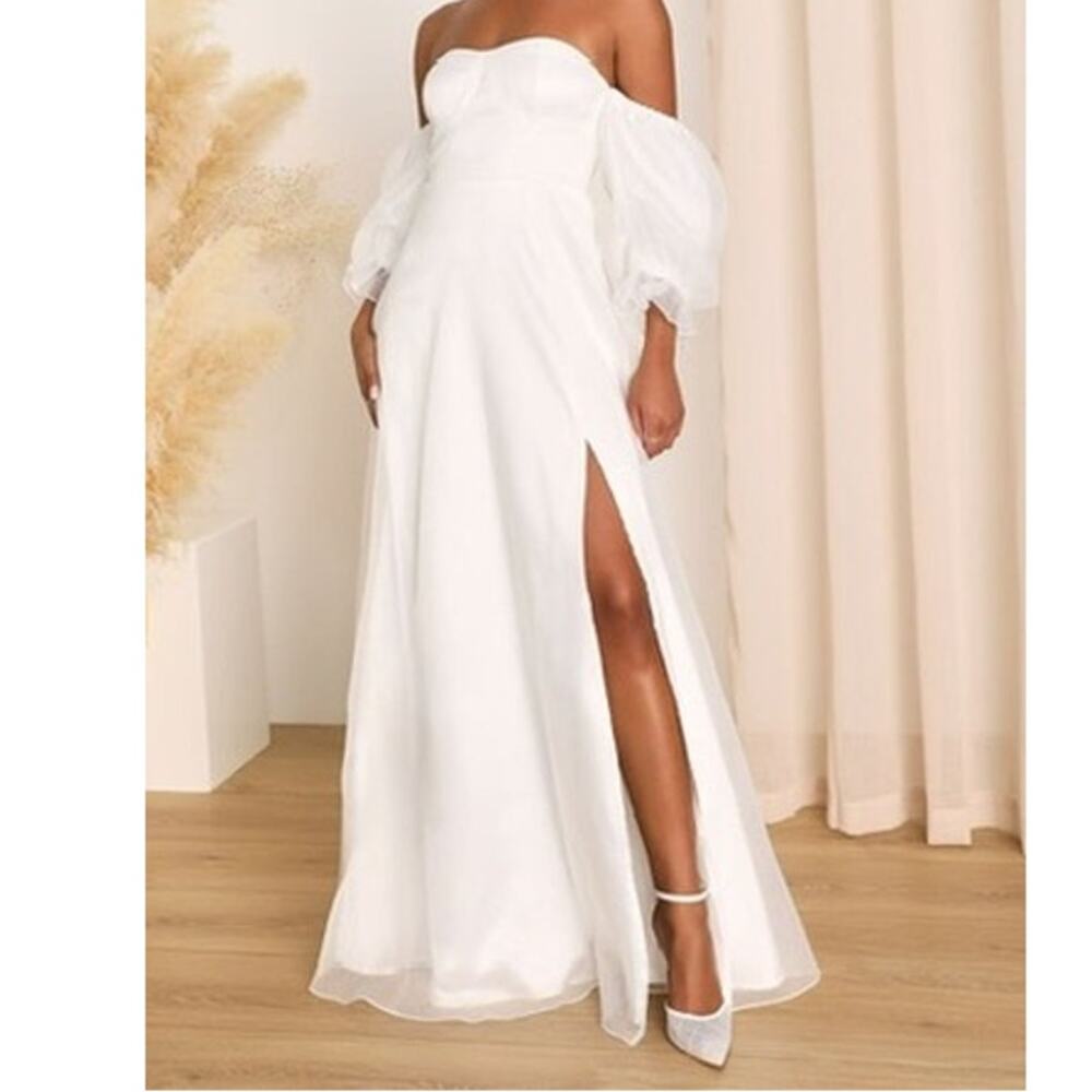 Lulus True Excellence White Bustier Sweetheart Off-The-Shoulder Gown Dress Large